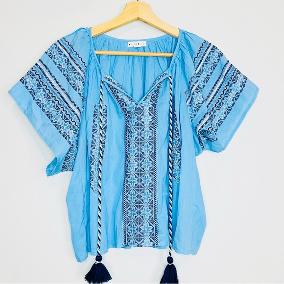 Roller Rabbit Blue Boxy Short Sleeve embroidered Blouse size xsmall - Picture 1 of 6